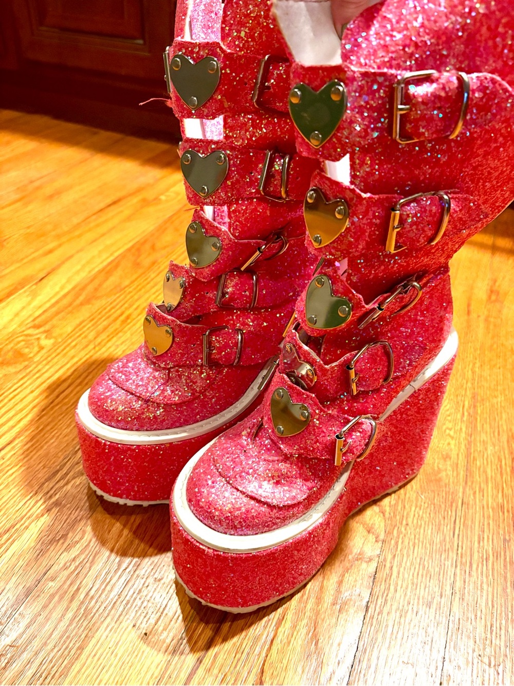 Demonia Pink Glitter Heart-Buckle Platform Boots